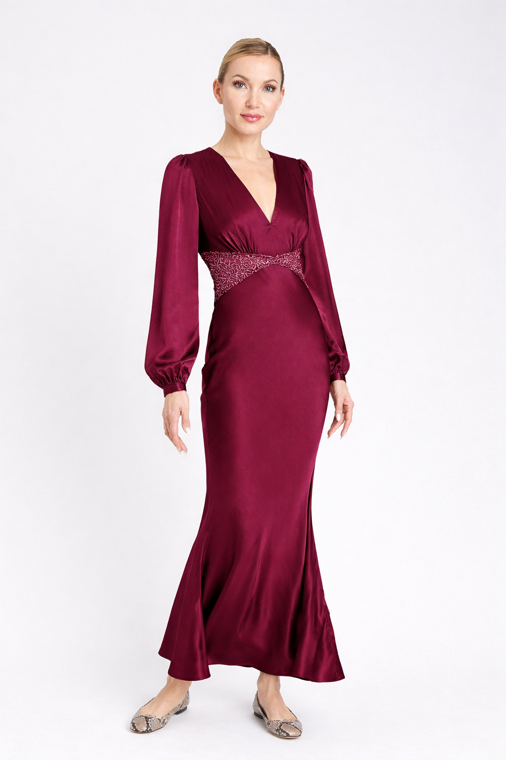 Luna Lace-Back Satin Dress – Burgundy