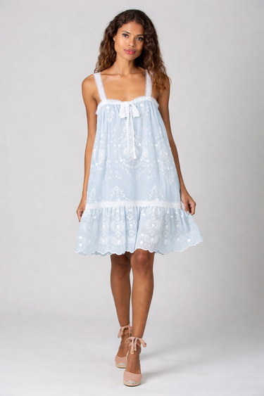 Havana Floating Flower Voile Embroidery Mini Dress - Sky Blue