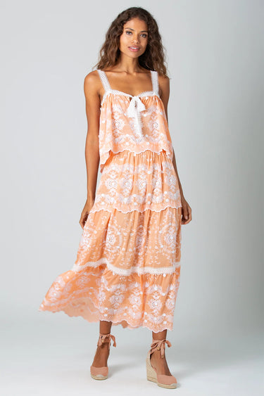 Loreline Floating Flower Voile Embroidery Midi-Skirt - Apricot