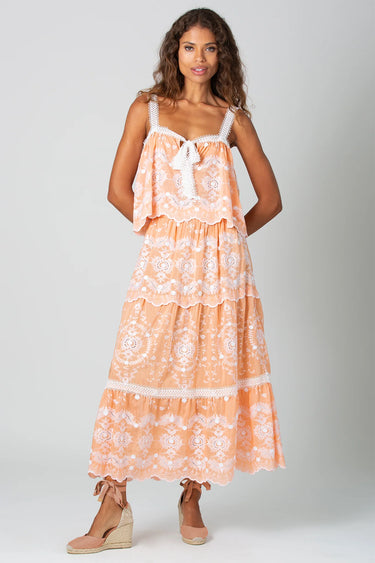 Loreline Floating Flower Voile Embroidery Midi-Skirt - Apricot